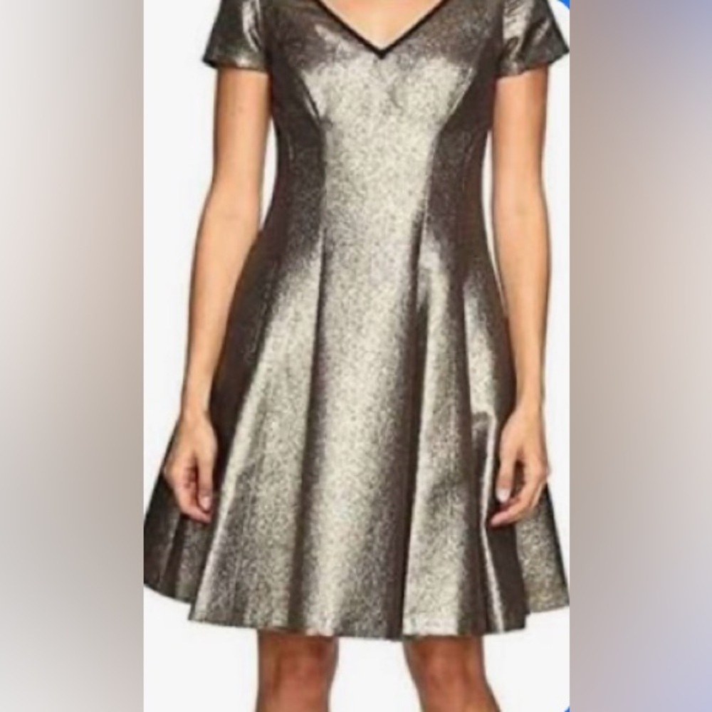 NUE by Shani Gold Shimmer Fit & Flare Black Trim Dress w/Pockets Size 8 NWT - Picture 3 of 17